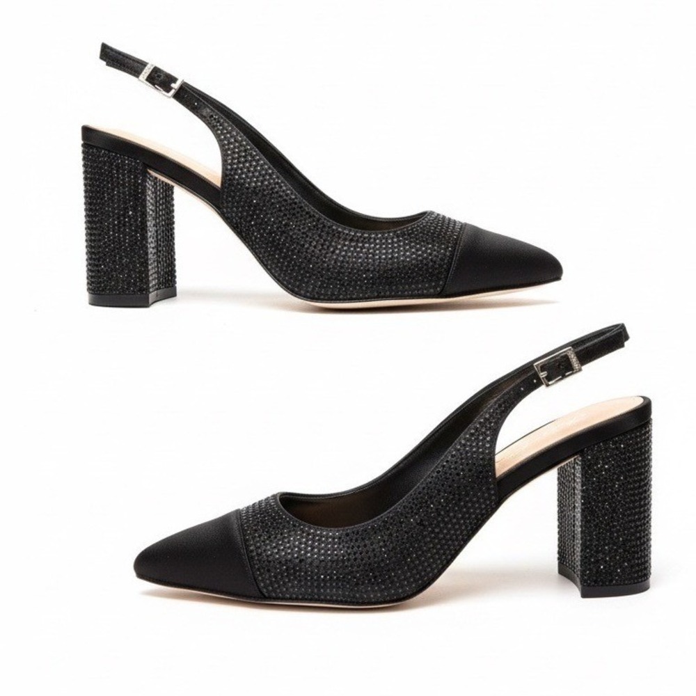 Jewel Badgley Mischka Womens Black Crystal Embellished Slingback Block Heels 6